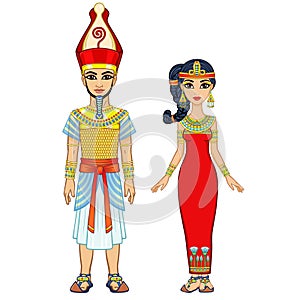 Cartoon portrait of Egyptian family in ancient clothes. Pharaoh, King, God.