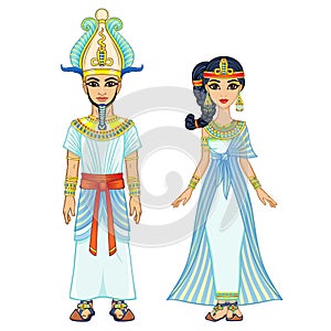 Cartoon portrait of Egyptian family in ancient clothes. Pharaoh, King, God. Full growth.
