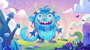 The cartoon portrait of a fun alien monster character at a fantasy landscape. Cute strange animal with blue fur, curved
