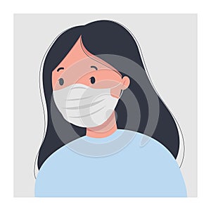 Cartoon portrait of a girl in a medical mask. Vector illustration in flat style isolated on white background