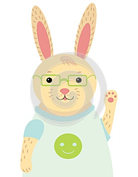 A cartoon portrait of a hare. Stylized happy rabbit with glasses. Drawing for children. Vector illustration for a