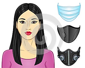 Cartoon portrait of a young Asian woman, a set of medical masks of different design.