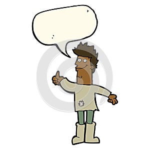 cartoon positive thinking man in rags with speech bubble