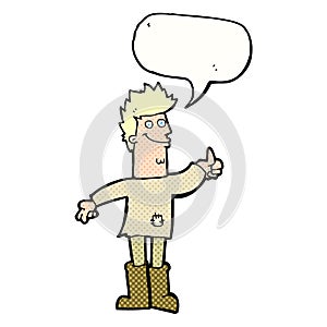 cartoon positive thinking man in rags with speech bubble