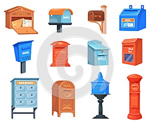 Cartoon postboxes. Colorful mailboxes, post box postal letter boxes for receiving letters in postoffice or apartment