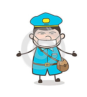 Cartoon Postboy Hand Gesture and Medical-Mask on Face