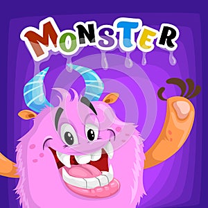 Cartoon poster with big smiling pink monster. Halloween and other kids party decoration and invitations.