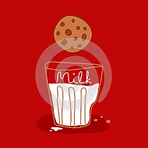 Cartoon poster with glass of milk and ginger chocolate cookies on red background. Seasons food concept. Funny holiday poster.