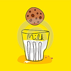 Cartoon poster with glass of milk and ginger chocolate cookies on yellow background. Seasons food concept. Funny holiday poster.