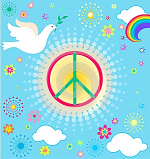 Cartoon poster in hippie style with Peace Hippie Symbol, flying paper cutting dove, rainbow, sun and flowers