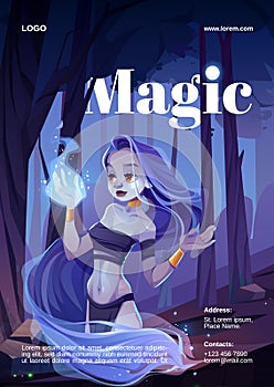 Cartoon poster with magic woman and wizard fire