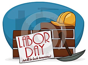 Cartoon Poster with a Sign Over a Wall to Celebrate Labor Day, Vector Illustration