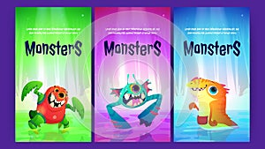 Cartoon posters with cute monsters, invitation