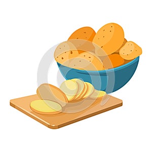 Cartoon potato bowl cutting board with potato
