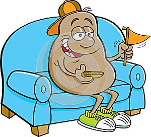 Cartoon potato sitting on a couch and holding a pennant.