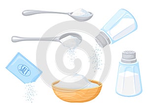 Cartoon pouring salt. Spoonful glass saltshaker, sodium foods condiments bottle salty shaker pour white salted crystal photo