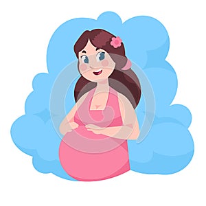 Cartoon pregnant woman. Young mom with baby flat illustration, happy motherhood and childbirth. Vector girl with baby