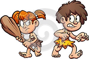 Cartoon prehistoric boy and girl walking scared