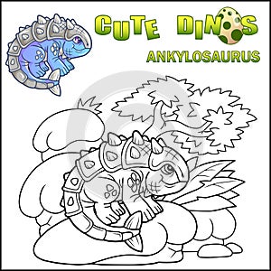 Cartoon prehistoric dinosaur ankylosaurus, coloring book, funny illustration