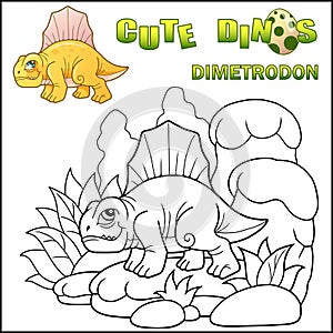 Cartoon prehistoric dinosaur dimetrodon, coloring book, funny illustration