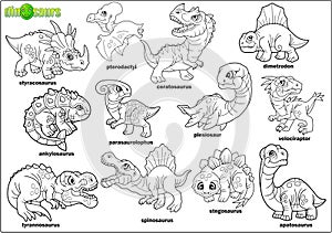 Cartoon prehistoric dinosaurs, coloring book, set of images