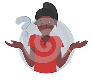 Cartoon pretty black girl doubts, thinks why. Woman with question mark. Vector illustration