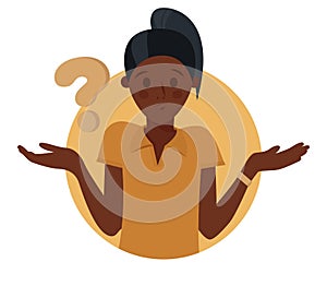Cartoon pretty black girl doubts, thinks why. Woman with question mark. Vector illustration