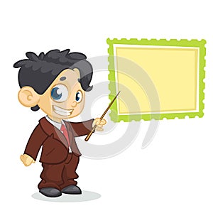 Cartoon pretty boy character in business suite pointing whiteboard. Vector illustration of a small boy presenting