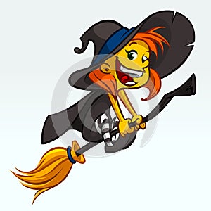 Cartoon pretty funny witch flying on her broom. Halloween vector illustration isolated on white.