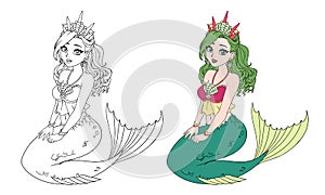 Cartoon pretty mermaid with curly green hair and fish tail