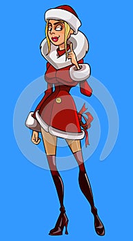 Cartoon pretty woman in red costume of snow maiden