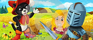 Cartoon prince and princess on the farm ranch traveling meeting cat illustration