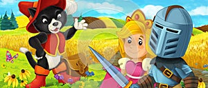 Cartoon prince and princess on the farm ranch traveling meeting cat illustration