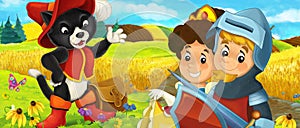 Cartoon prince and princess on the farm ranch traveling meeting cat illustration