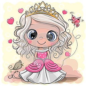 Cartoon Princess with bird on a yelow background