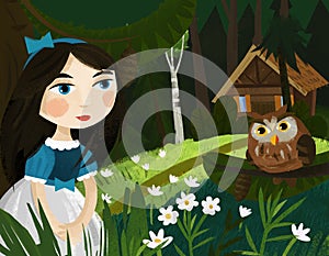 Cartoon princess in the forest near owl and house