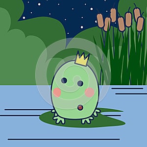 Cartoon princess frog with crown on a swamp.