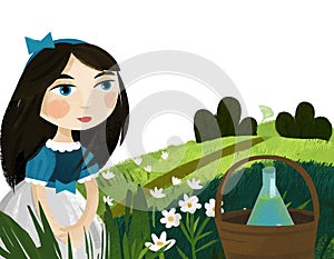 Cartoon princess house in forest magic potion illustration