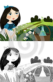 Cartoon princess house in forest magic potion illustration