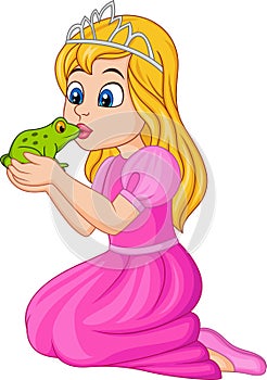 Cartoon princess kissing a green frog