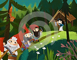 Cartoon princess near wooden farm house and dwarfs illustration