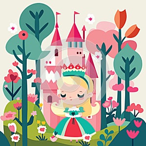 Cartoon Princess And Pink Castle In Fairy Tale Land