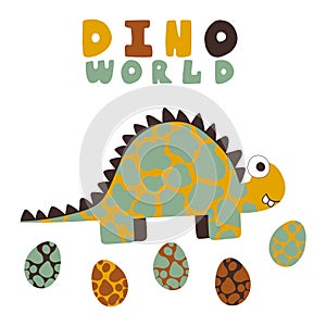 Cartoon print with spotted dinosaur, eggs and lettering vector illustration
