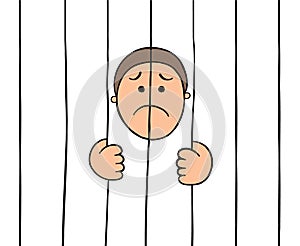 Cartoon prisoner holding prison bars, vector illustration