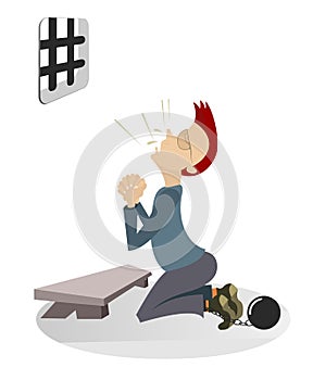 Cartoon prisoner prays in the kneel illustration