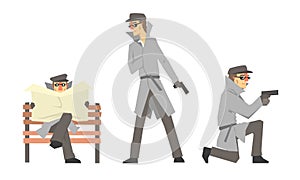 Cartoon Private Detective Character Doing Daily Work Vector Illustration Set Isolated On White Background