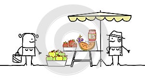 Cartoon producer selling organic fruits on a market store