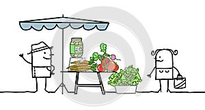 Cartoon producer selling organic vegetables on a market store