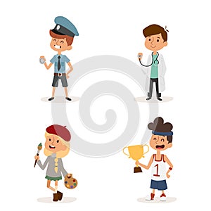 Cartoon profession kids children vector set illustration person childhood painter sportsman builder policeman doctor