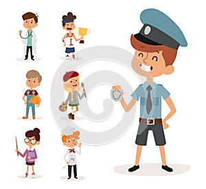 Cartoon profession kids children vector set illustration person childhood painter sportsman chef builder policeman